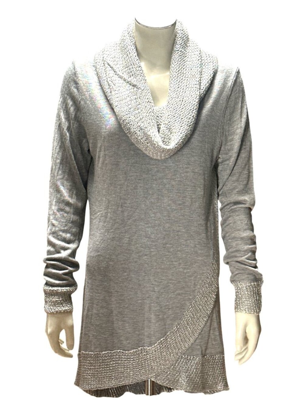 Fontana Small Gray Lurex Cowl Neck Tunic Sweater Relaxed Fit Casual Chic Silver